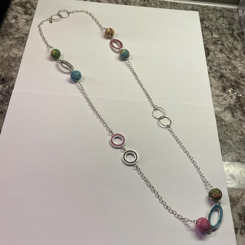 Women’s Clay Multi Color Bead Silver Tone Chain Necklace Viva Beads